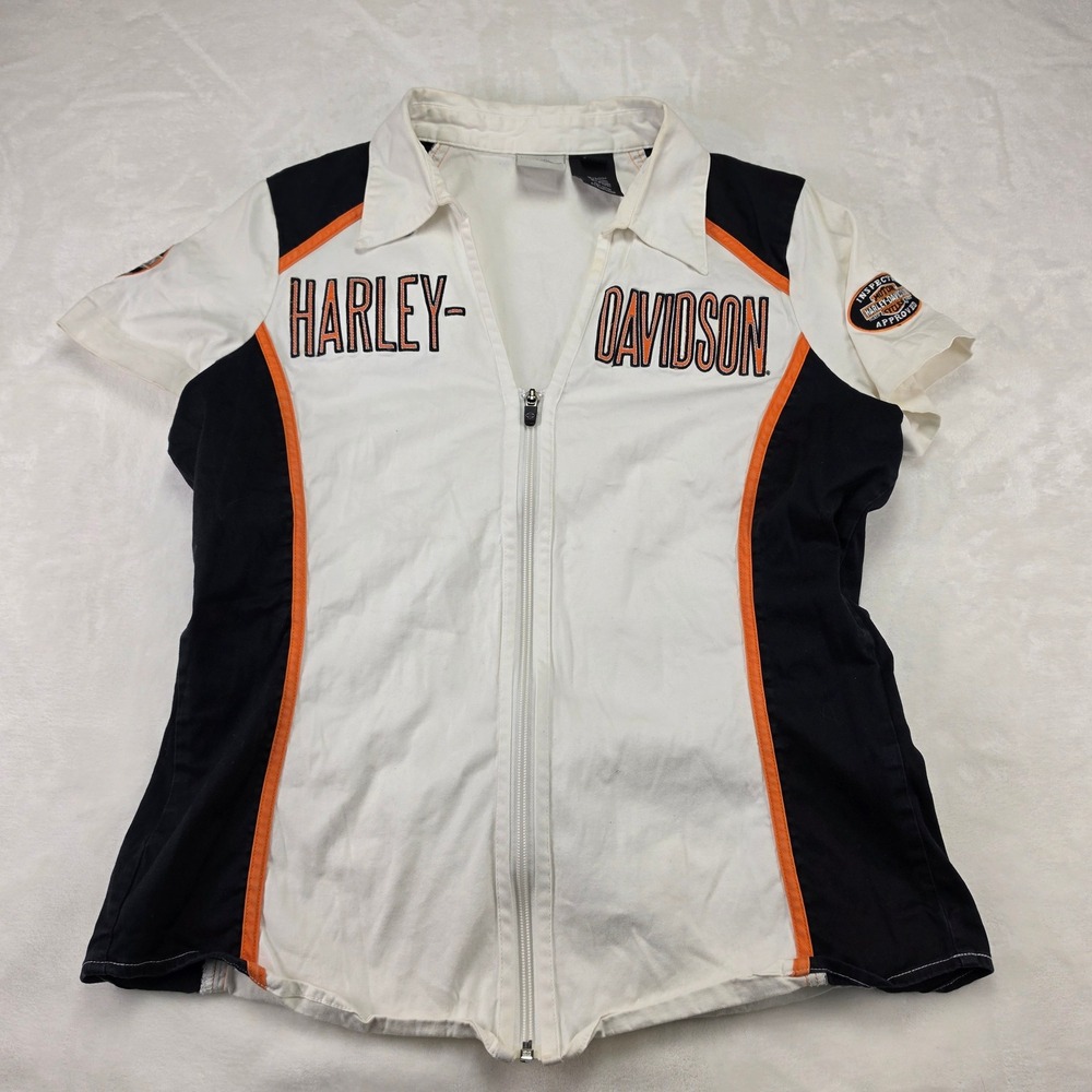 Harley Davidson Zip Up Shirt Womens L White Black Orange Excellent Embroidered